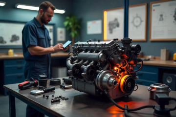 A high-resolution, photorealistic scene set in a modern mechanic's workshop
