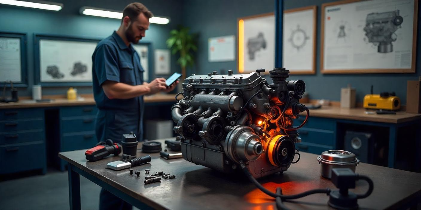 A high-resolution, photorealistic scene set in a modern mechanic's workshop