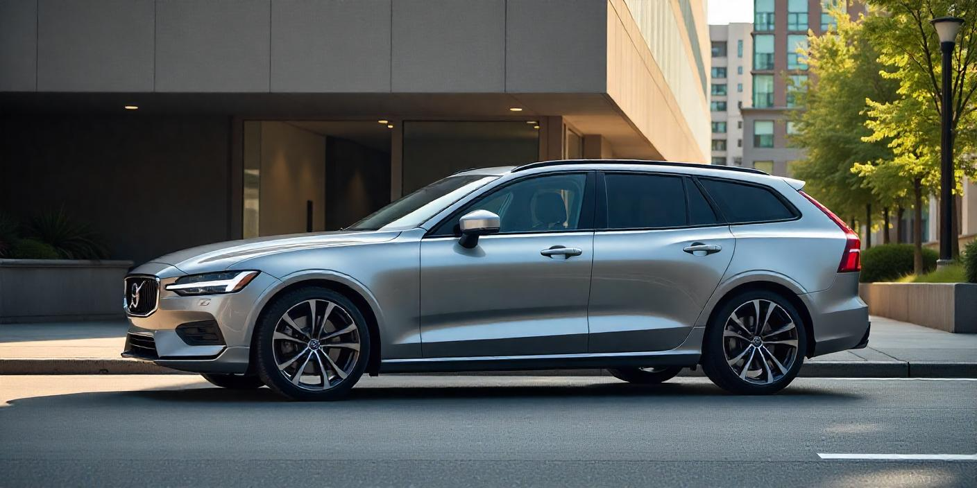 A sleek Volvo V60 Polestar Engineered Plug-in Hybrid Wagon is parked against a backdrop of a modern urban landscape.