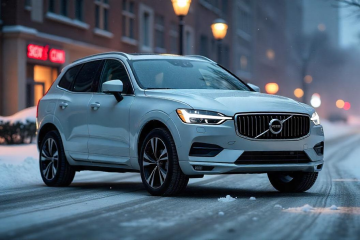 a high-resolution digital illustration of a sleek, modern Volvo 2022 XC60 parked in an urban winter setting.