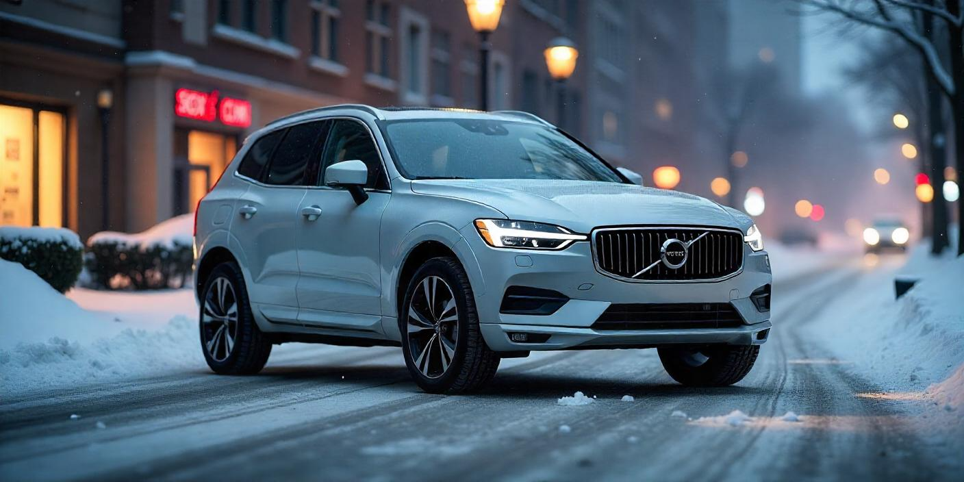 a high-resolution digital illustration of a sleek, modern Volvo 2022 XC60 parked in an urban winter setting.