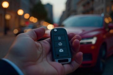 A high-resolution, close-up shot of a sleek, modern Volvo key fob resting in a hand