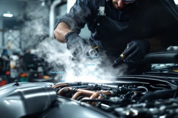A high-resolution, photorealistic scene set in a modern automotive repair garage.