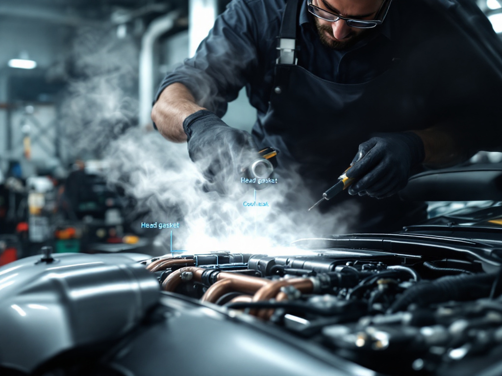 A high-resolution, photorealistic scene set in a modern automotive repair garage.
