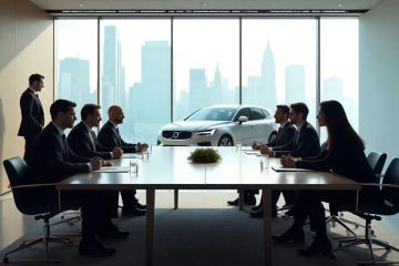 A photorealistic scene set in a modern, minimalist boardroom where a diverse group of executives