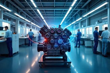 a high-detail digital illustration featuring a modern Volvo engine assembly scene.