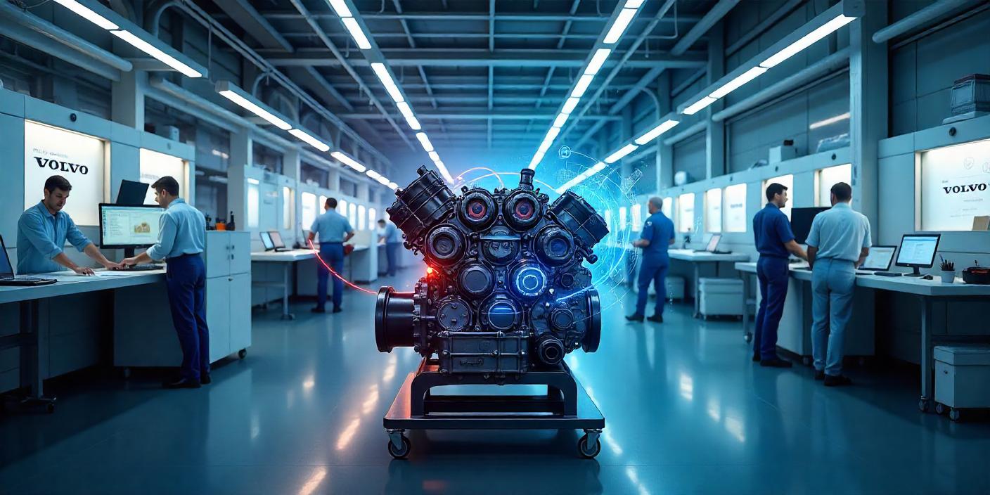 a high-detail digital illustration featuring a modern Volvo engine assembly scene.