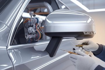 a high-resolution, photorealistic digital illustration focused on a Volvo’s side mirror.