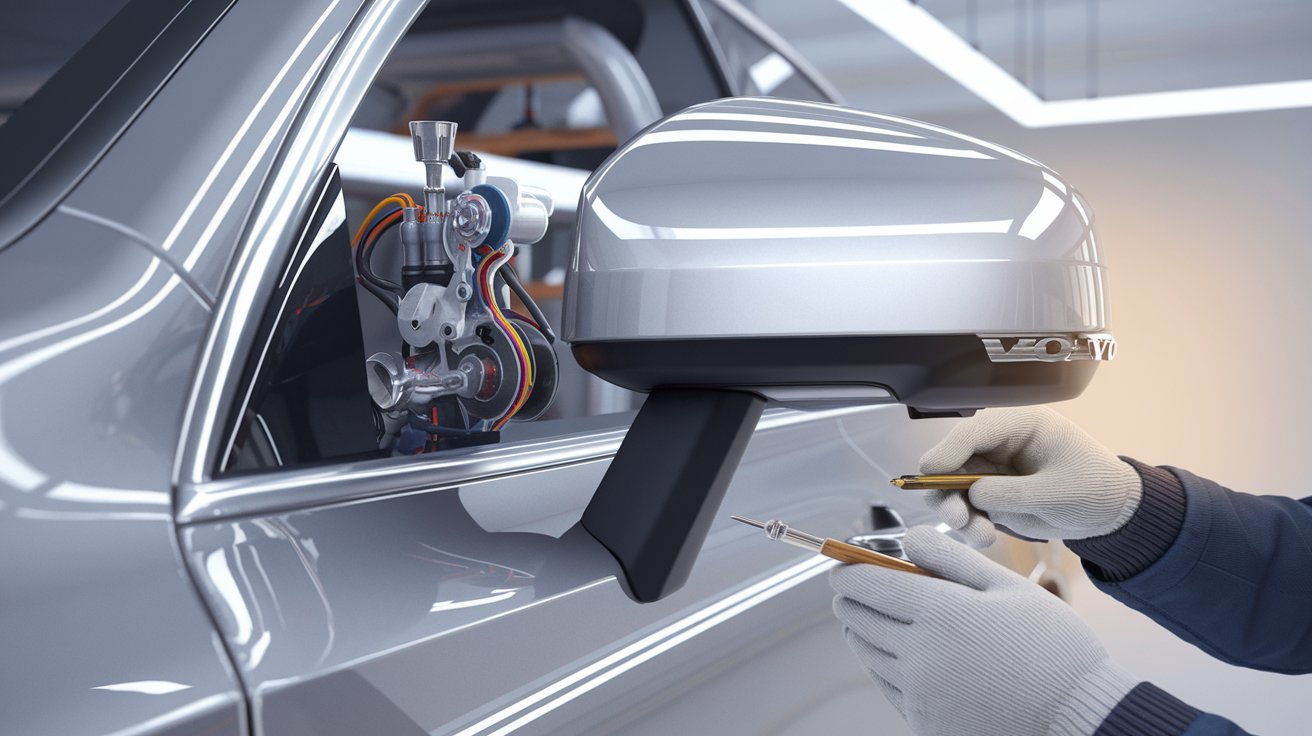 a high-resolution, photorealistic digital illustration focused on a Volvo’s side mirror.