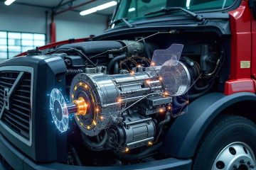 a high-resolution, technical illustration of a Volvo truck’s engine compartment