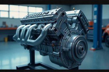 A highly detailed digital illustration of a Volvo 5-cylinder engine, showcasing its intricate mechanical design and precision engineering.